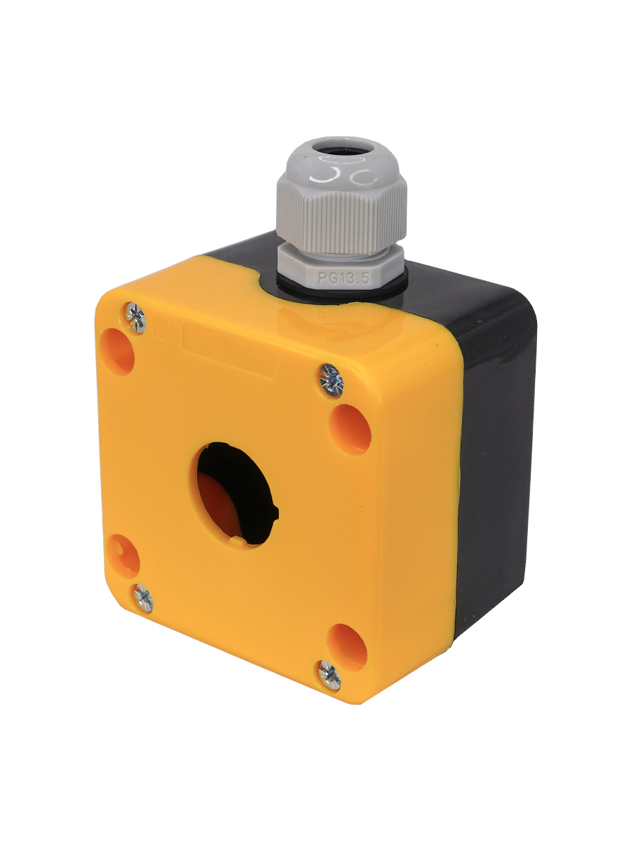 Корпус ПКУ22/1, чёрный с жёлтой крышкой, одно отверстие Ø 22мм, с сальником, IP65  (ЭТ)