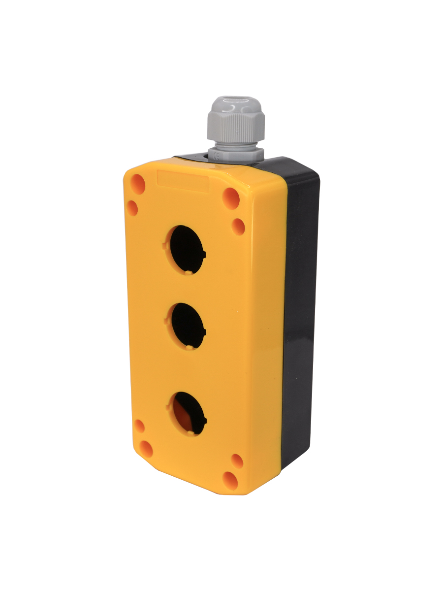 Корпус ПКУ22/3, чёрный с жёлтой крышкой, три отверстия Ø 22мм, с сальником, IP65  (ЭТ)